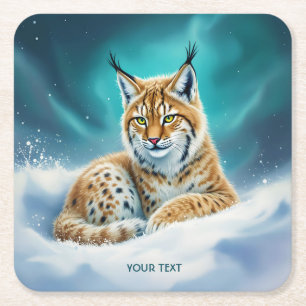 Fantasy Cute Lynx Cub Winter Square Paper Coaster
