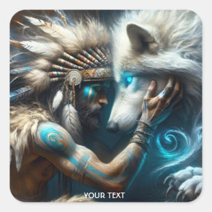 Fantasy Cute Man Hugging Wolf Square Sticker