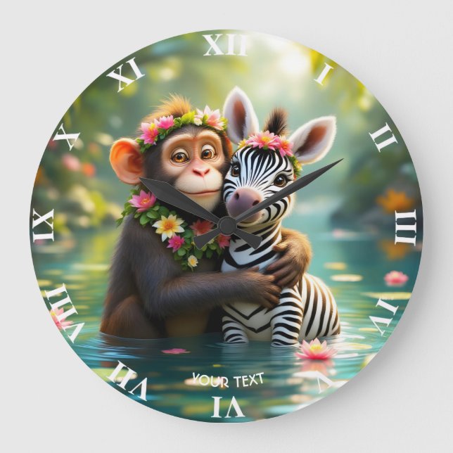 Fantasy Cute Monkey Zebra Hug  Large Clock (Front)