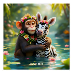 Fantasy Cute Monkey Zebra Hug  Poster