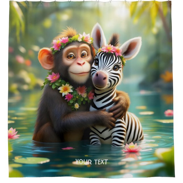 Fantasy Cute Monkey Zebra Hug  Shower Curtain (Front)