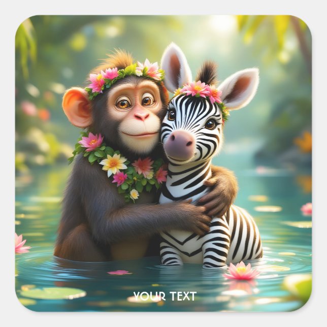 Fantasy Cute Monkey Zebra Hug  Square Sticker (Front)
