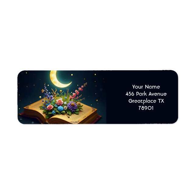 Fantasy Cute Moon Book Flowers Return Address Label (Front)