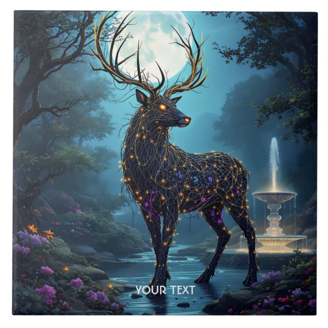 Fantasy Cute Moon Deer Night Ceramic Tile (Front)