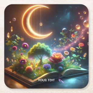 Fantasy Cute Moon Garden Book Square Paper Coaster