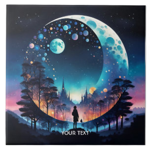 Fantasy Cute Moon Girl Stars Ceramic Tile