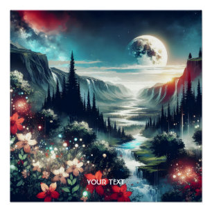 Fantasy Cute Moon River Flowers Poster