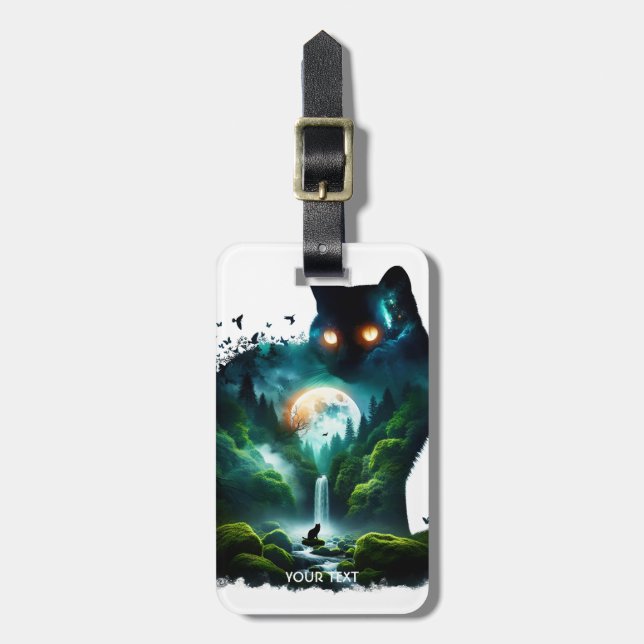 Fantasy Cute Moon Waterfall Cat Luggage Tag (Front Vertical)