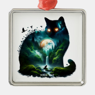 Fantasy Cute Moon Waterfall Cat Metal Ornament