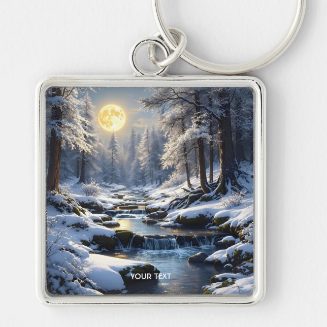 Fantasy Cute Moon Winter Forest Key Ring (Front)