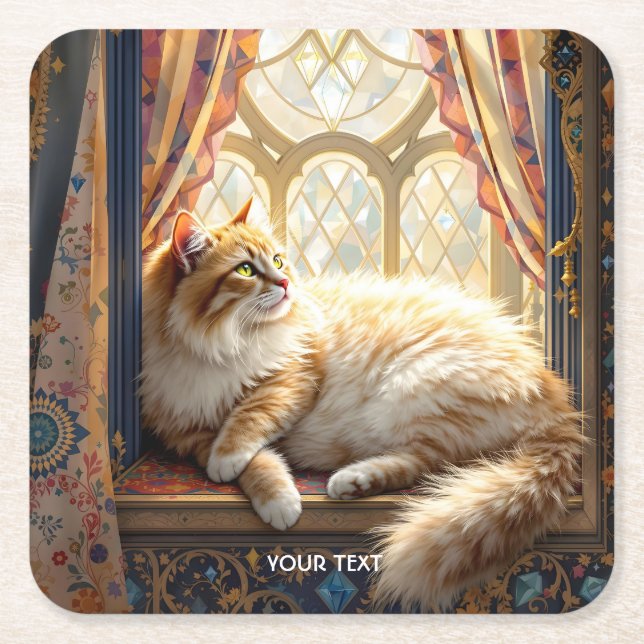 Fantasy Cute Morning Window Cat Square Paper Coaster (Front)