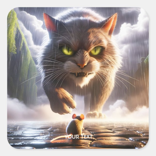 Fantasy Cute Mouse And Cat Square Sticker (Front)