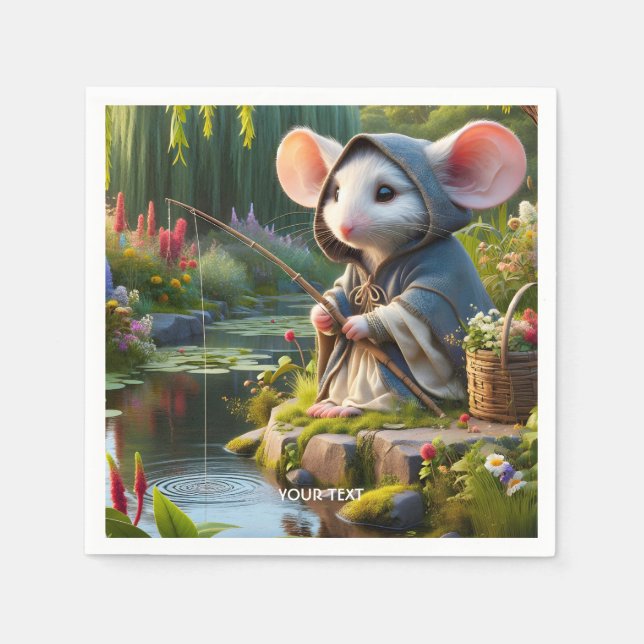 Fantasy Cute Mouse Fishing Flowers Napkin (Front)