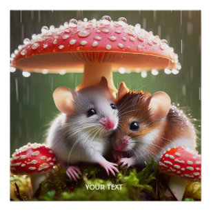 Fantasy Cute Mouse Mushroom Rain Poster