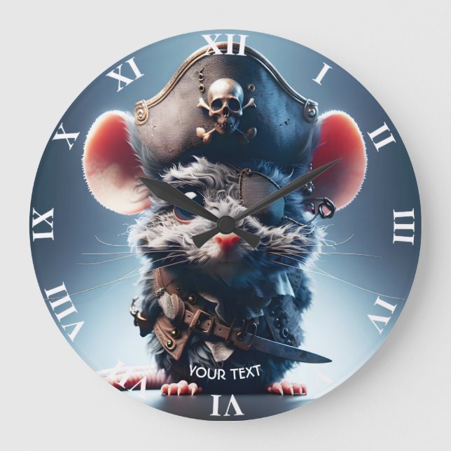 Fantasy Cute Mouse Pirate Hat Large Clock (Front)