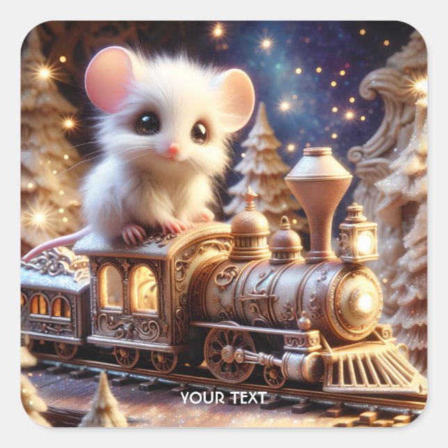 Fantasy Cute Mouse Whimsical Train Square Sticker (Front)