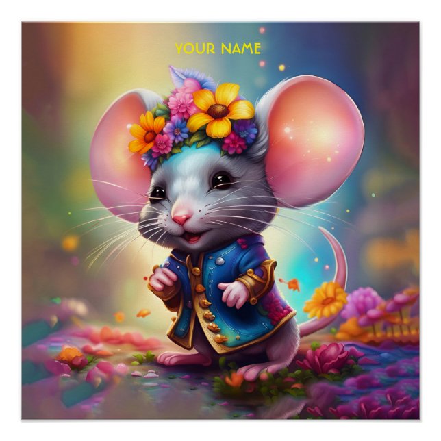 Fantasy Cute Mouse With Flower Poster (Front)
