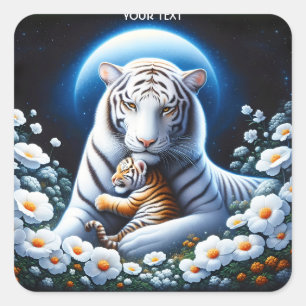 Fantasy Cute Mum Baby Tigers Square Sticker