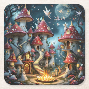 Fantasy Cute Mushroom Forest Realm Square Paper Coaster
