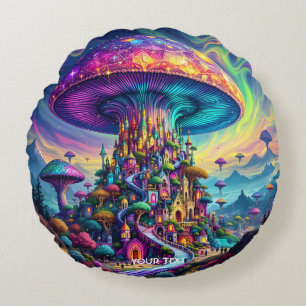 Fantasy Cute Mushroom Rainbow Skies Round Cushion