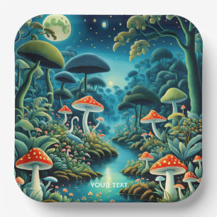Fantasy Cute Mushrooms Forest Moon Paper Plate