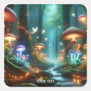Fantasy Cute Mushrooms Forest Night Square Sticker
