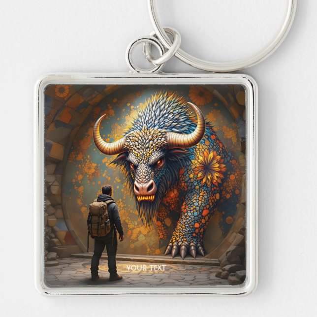 Fantasy Cute Mythical Bull Mosaic Key Ring (Front)
