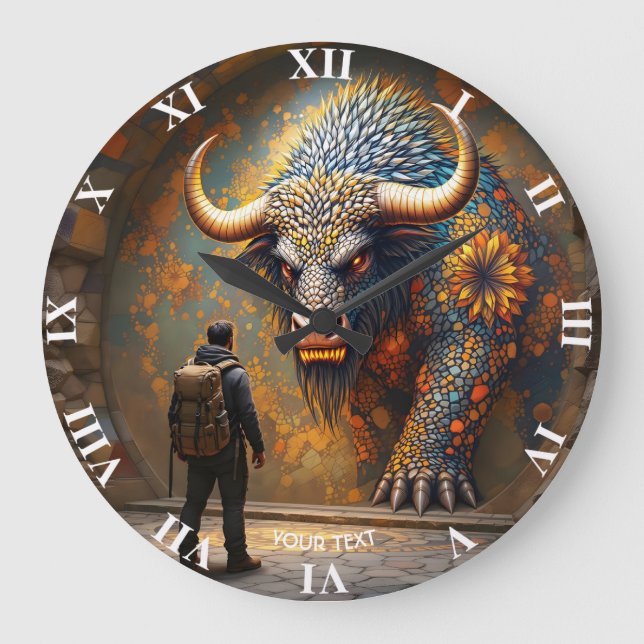 Fantasy Cute Mythical Bull Mosaic Large Clock (Front)