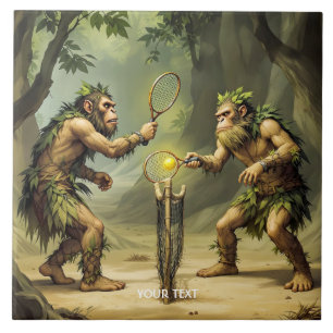 Fantasy Cute Neandertals Playing Tennis Ceramic Tile