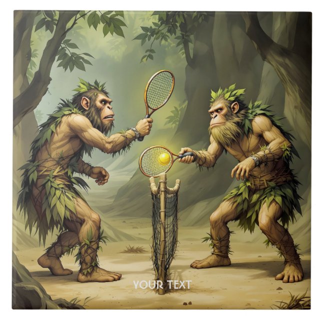Fantasy Cute Neandertals Playing Tennis Ceramic Tile (Front)