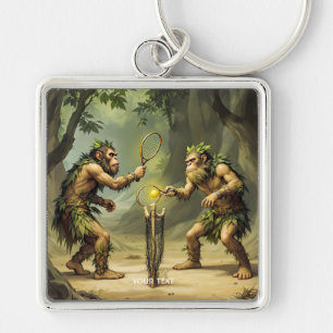 Fantasy Cute Neandertals Playing Tennis Key Ring