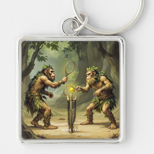 Fantasy Cute Neandertals Playing Tennis Key Ring (Front)