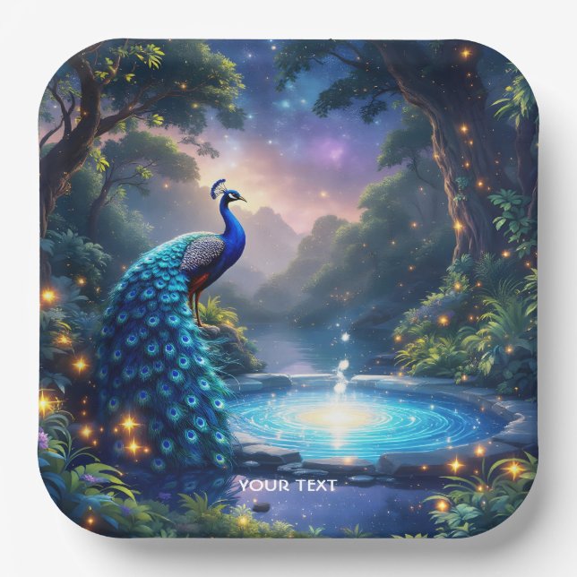 Fantasy Cute  Night Puddle Peacock Paper Plate (Front)