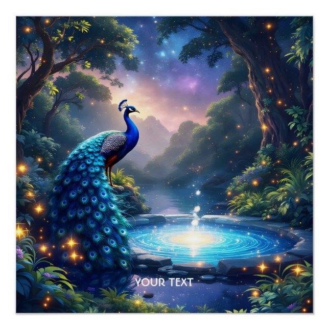 Fantasy Cute  Night Puddle Peacock Poster (Front)