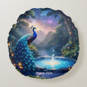 Fantasy Cute Night Puddle Peacock Round Cushion