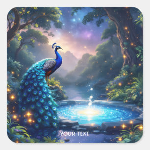 Fantasy Cute  Night Puddle Peacock Square Sticker