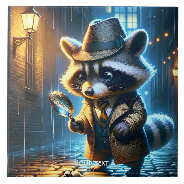 Fantasy Cute Night Racoon Detective Ceramic Tile (Front)