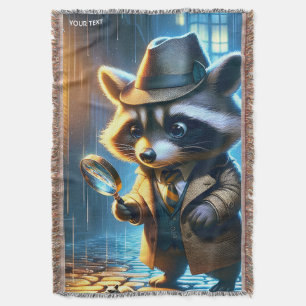 Fantasy Cute Night Racoon Detective Throw Blanket