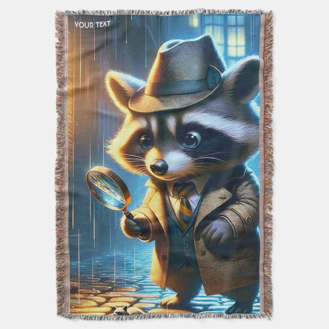 Fantasy Cute Night Racoon Detective Throw Blanket (Front Vertical)