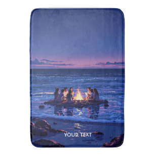Fantasy Cute Night Sea Bonfire Bath Mat