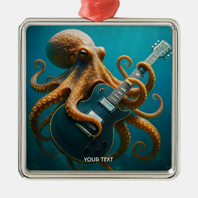 Fantasy Cute Octopus Playing Guitar Metal Ornament (Front)