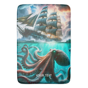 Fantasy Cute Octopus Sailing Ship Bath Mat