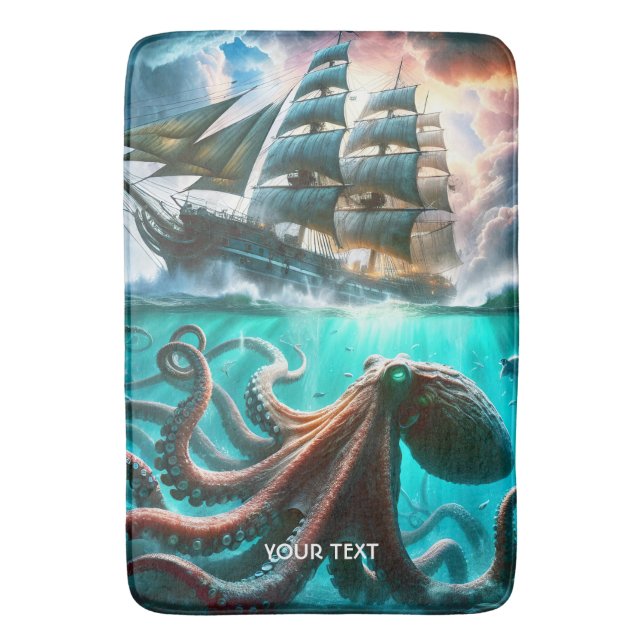 Fantasy Cute Octopus Sailing Ship Bath Mat (Front Vertical)
