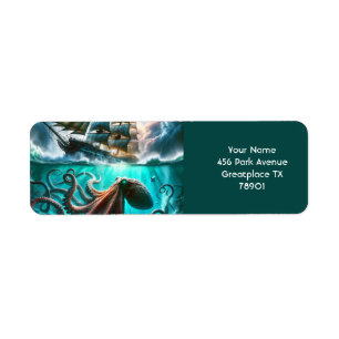 Fantasy Cute Octopus Sailing Ship Return Address Label
