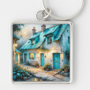 Fantasy Cute Old Blue House Key Ring