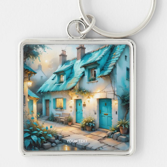 Fantasy Cute Old Blue House Key Ring (Front)
