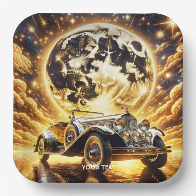 Fantasy Cute Old Car Moon Paper Plate (Front)