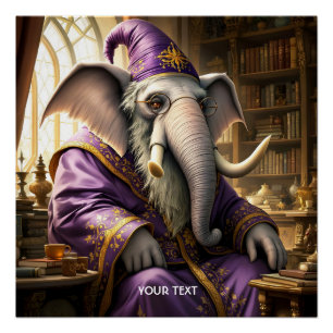 Fantasy Cute Old Elephant Wizard Poster