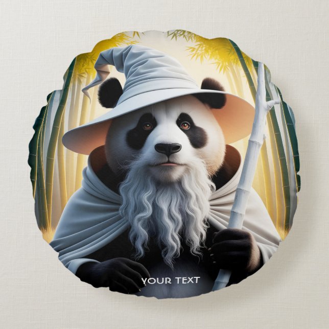Fantasy Cute Old Panda Wizard Round Cushion (Front)