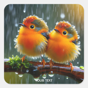 Fantasy Cute Orange Birds Rain Square Sticker